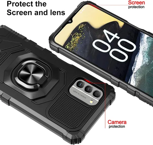 Vista 2 de Funda para Nokia G310 5G con protector de pantalla de vidrio templado, grado militar, resistente a prueba de golpes, con soporte de anillo para Negro