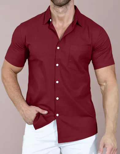 Vista 5 de YTD Camisa casual de lino con botones para hombre, camisa de playa de manga corta