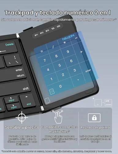 Vista 3 de Nillkin - Teclado plegable de viaje con panel táctil y teclado numérico, teclado Bluetooth inalámbrico portátil plegable de tamaño completo