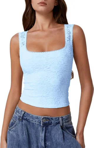 Vista 21 de QINSEN Camiseta sin mangas de doble capa con cuello cuadrado y ribete de encaje para mujer Amarillo claro