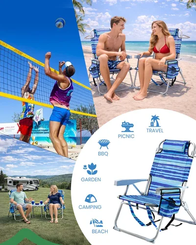Vista 8 de GVDV Sillas de playa tipo mochila para adultos, silla plegable plana portátil con portavasos y toalleros, silla reclinable ajustable de 4 posiciones