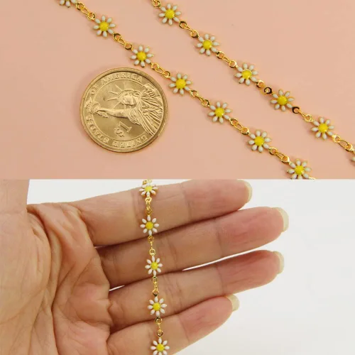 Vista 8 de Cadena de eslabones de girasol esmaltada hecha a mano con fornituras de latón chapado en oro para hacer joyas, máscara de vidrio, zapatos, Cc02