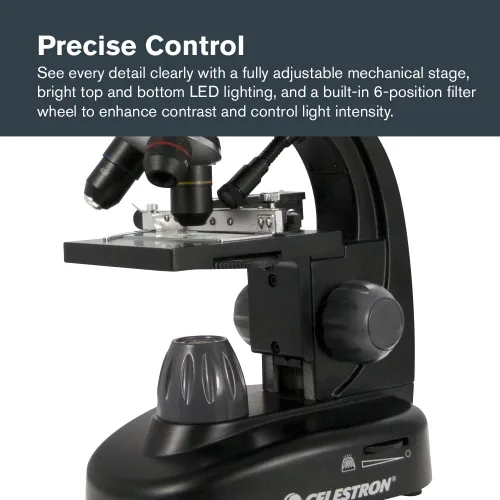 Vista 6 de Celestron – Microscopio digital LCD II – Pantalla de 3.5" – Cámara de 5MP – Aumento de 40x–1600x – Cabezal giratorio – Tarjeta SD incluida – Salida