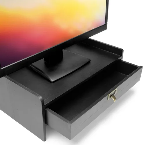 Vista 2 de EXCELLO GLOBAL PRODUCTS Soporte para monitor de madera: incluye cajón para organización de escritorio de cuadernos, bolígrafos, lápices y Negro