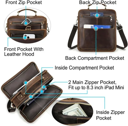 Vista 4 de Contacts Crazy Horse - Bolsa de mensajero de cuero para hombre de 12.9 pulgadas, bolsa para iPad con asa, bolsa de hombro cruzada, maletín vintage