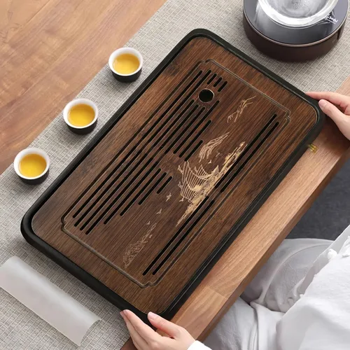 Vista 2 de Ufine Bandeja de té de gongfu de bambú de 15 pulgadas con drenaje de almacenamiento de agua Bandeja de servir de té chino Kung Fu Bandeja de mesa