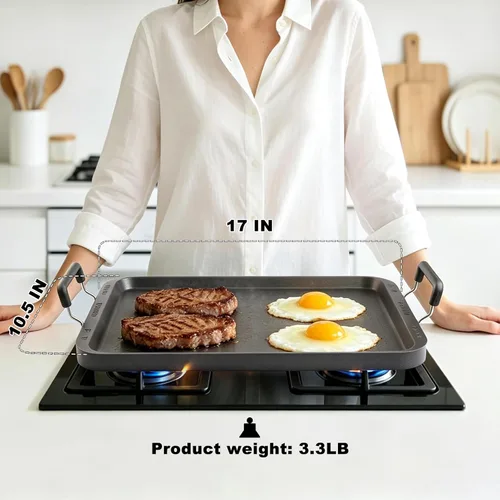 Vista 6 de Plancha superior para estufa de gas, sartén de doble quemador resistente a la deformación de 17 pulgadas, parrilla de aluminio antiadherente
