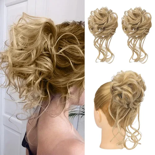 Vista 25 de HOOJIH 2 piezas de extensiones de cabello estilo moño despeinado, extensiones de cabello rizado y ondulado con tiras, cola de caballo, horquillas