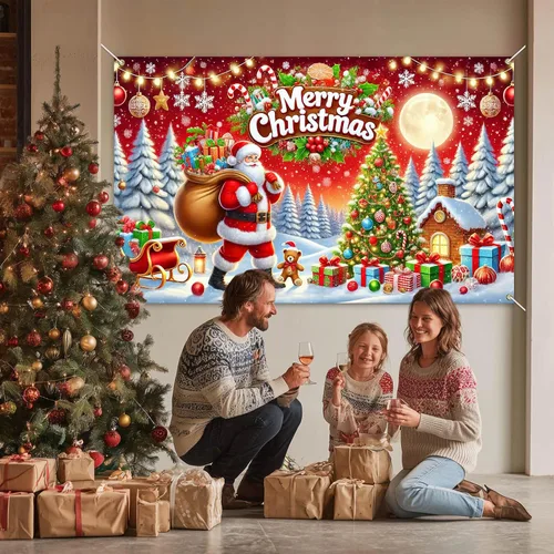 Vista 2 de HOMETITUTE Cartel de Navidad de 71 x 43 pulgadas, telón de fondo rojo de Papá Noel con árbol de regalo, decoración de nieve en trineo