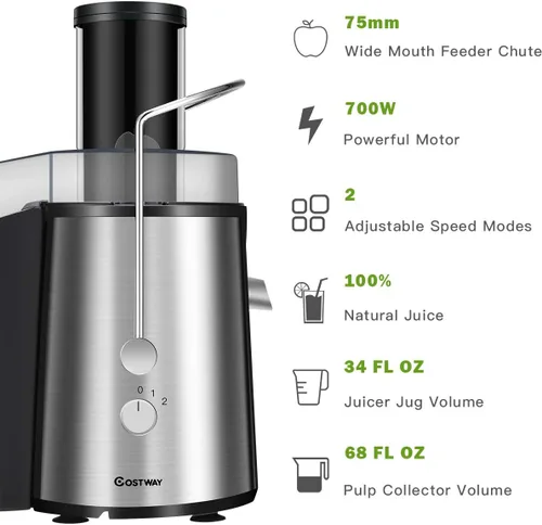 Vista 10 de COSTWAY Extractor de jugo, máquina exprimidora de acero inoxidable de boca ancha de 2.953 in, ajuste de 2 velocidades, máquina exprimidora de alta