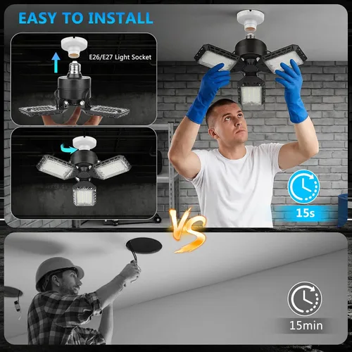 Vista 3 de 4 paquetes de luces LED para garaje, 60 W, luz de techo de garaje deformable, 8000 lm, E26, luces de sótano con 3 paneles LED ajustables, se adapta