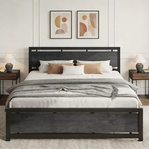 Vista 15 de LIKIMIO Base de cama tamaño King con cabecero y estribo Negro