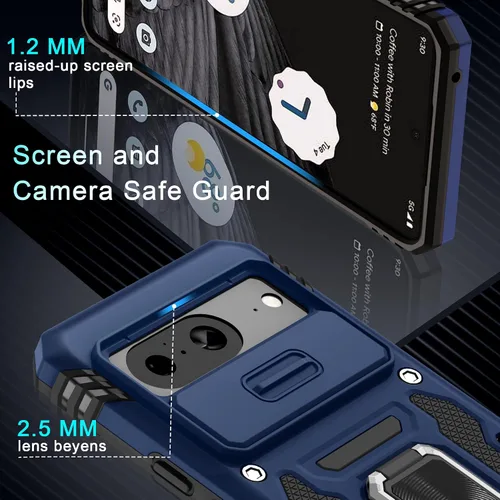 Vista 5 de DEERLAMN Funda para Google Pixel 8 con cubierta deslizante para cámara + protector de pantalla (1 unidad), anillo giratorio con soporte de grado