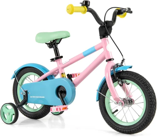 Vista 16 de BABY JOY Bicicleta infantil de macarones coloridos, de 12, 14, 16 y 18 pulgadas, bicicleta deportiva para niños con ruedas de entrenamiento