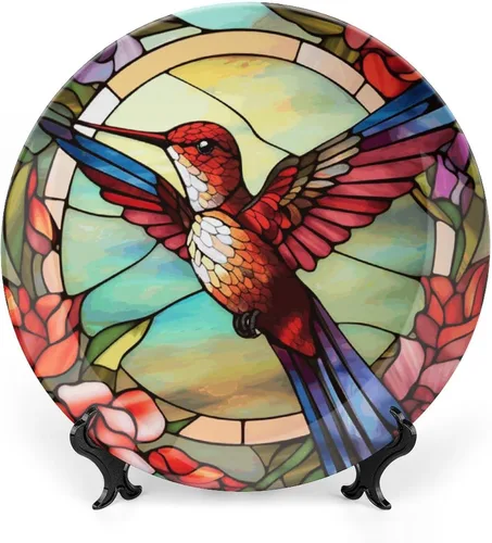 Vista 10 de Platos decorativos, pájaro azul y flores, vitrales, para el hogar, oficina, cocina, decoración de mesa, platos de porcelana de 6 pulgadas, regalos