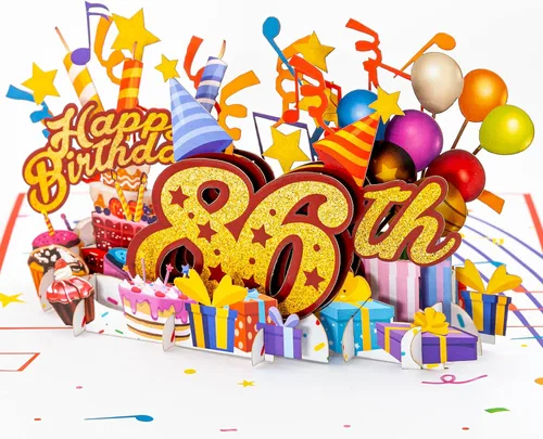 Vista 13 de iGifts And Cards Tarjeta desplegable 3D de feliz cumpleaños 84 – Diseño azul con números de purpurina, globos, pasteles y regalos – Tarjeta