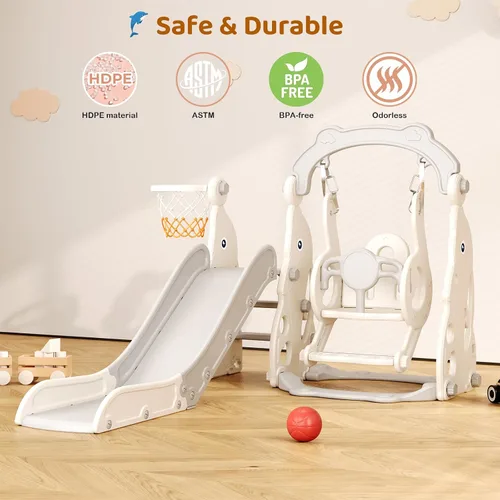 Vista 5 de Tobogán para Niños Pequeños, Conjunto de Juegos 4 en 1 para Niños Pequeños - Actualizado con Tobogán para Niños, Columpio, Aro de Baloncesto