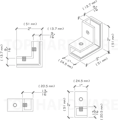 Vista 5 de Manga cuadrada de latón de 90 grados para sujetar sobre la puerta de la ducha Abrazadera de vidrio para 5/16" a 1/2" (8 a 0.472 in) de espesor