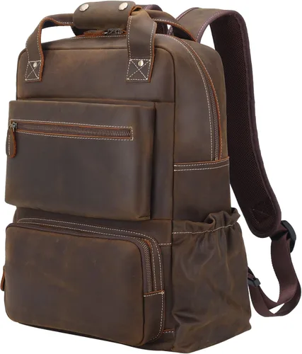 Vista 8 de TIDING - Mochila para portátil de cuero de grano completo de 15.6 pulgadas para hombre, mochila grande casual para viaje, estilo vintage, para fin
