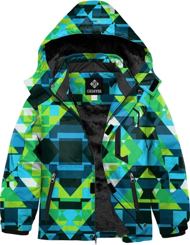 Vista 13 de GEMYSE - Chaqueta de esquí impermeable con capucha y forro polar, resistente al viento, para niño Verde Aqua