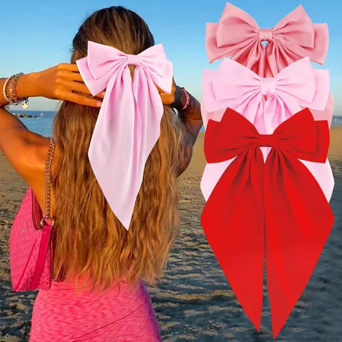 Vista 28 de Velscrun Lazos para el cabello para mujeres y niñas, 3 unidades, lazo blanco, lazo negro, azul marino, lazos grandes para el cabello con clip, lazos