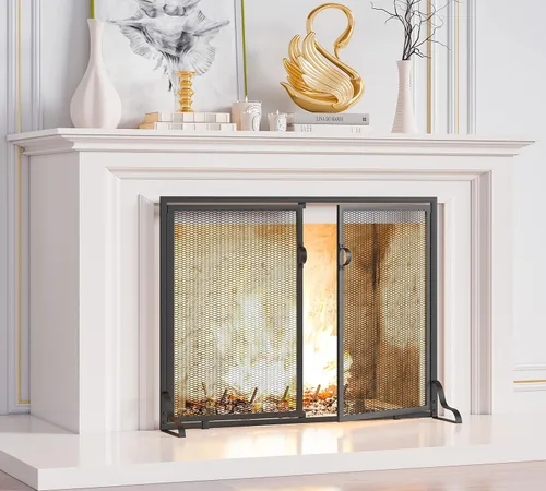 Vista 2 de Kingson Pantalla para chimenea con puertas magnéticas, 2 paneles hechos a mano de hierro forjado sólido, malla decorativa, protección contra chispas