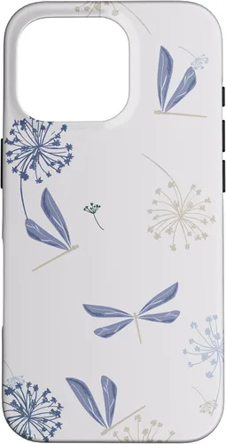Vista 20 de Bonita funda para iPhone 17 con diseño de libélula de diente de león azul lavanda beige