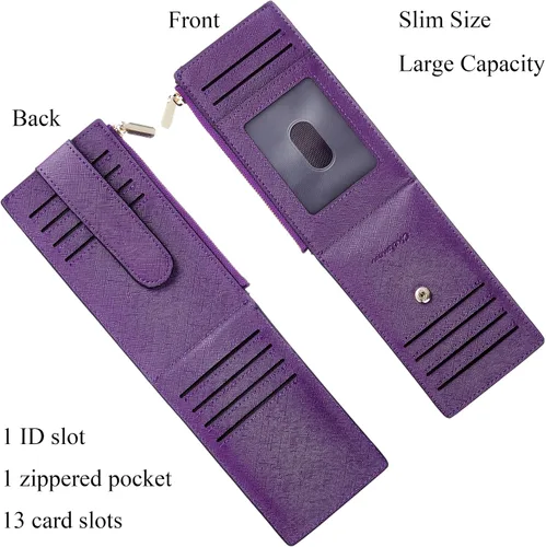 Vista 3 de Chelmon Billetera delgada con bloqueo RFID para mujer con bolsillo con cremallera púrpura profundo Minimalista