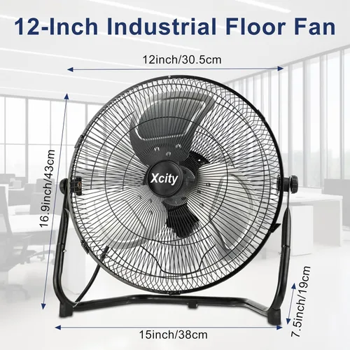 Vista 2 de Xcity Ventiladores de piso industriales de metal de 12 pulgadas, máximo 1800 CFM, ventilador de alta velocidad resistente con inclinación ajustable