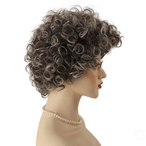 Vista 3 de QACCF Peluca de anciana gris corta y rizada para disfraz de abuelita con gafas de abuela y collar de perlas (negro gris)