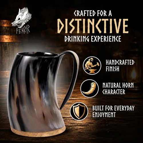Vista 3 de FENRIR Taza de cuerno vikingo de 16 onzas con vaso de chupito, regalos vikingos para hombres y mujeres, abridor de botellas, jarra de cuerno de buey