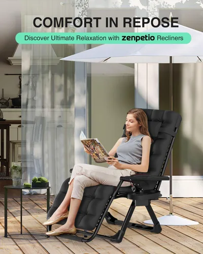 Vista 3 de ZENPETIO Silla de gravedad cero, sillas reclinables de camping con cojín extraíble Negro azabache