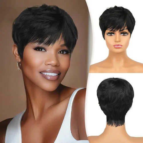 Vista 17 de RUWISS Peluca de cabello humano con corte Pixie, peluca de cabello humano con flequillo, peluca negra corta natural en capas, ondulada