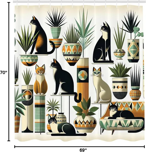 Vista 5 de Ambesonne Cortina de ducha de gato, diseño bohemio de estilo étnico con poses de gatitos sentados y acostados, juego de decoración de baño de tela