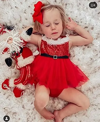 Vista 2 de Mameluco de Navidad para niñas y bebés sin mangas con lentejuelas vestido de tutú de Papá Noel