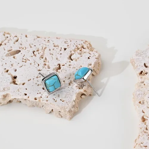 Vista 23 de Tibetan Turquoise Earrings 925 Sterling Silver Post Stud Boho Gemstone Hypoallergenic Handmade Earrings for Women Trendy Fashion