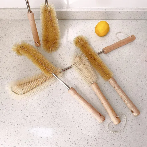 Vista 4 de Cepillo de cerdas extra largo de 24 pulgadas con cepillo para botella de 19 pulgadas, mango de madera de haya, cepillo de lavado flexible con mango