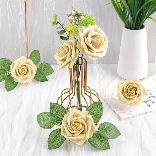 Vista 5 de AmyHomie 25 flores artificiales de aspecto real con tallo de rosa beige