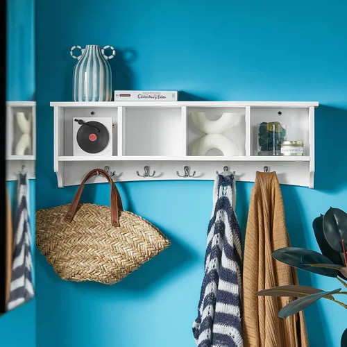Vista 4 de Haotian - Estantería de pared blanca con ganchos para abrigos, perchero de pared para entrada, unidad de almacenamiento con 4 compartimentos y 5
