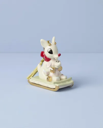 Vista 2 de Adornos de Lenox, adorno navideño de Rudolph y el elefante solitario, porcelana con acentos dorados y cordón para colgar para decoración del árbol