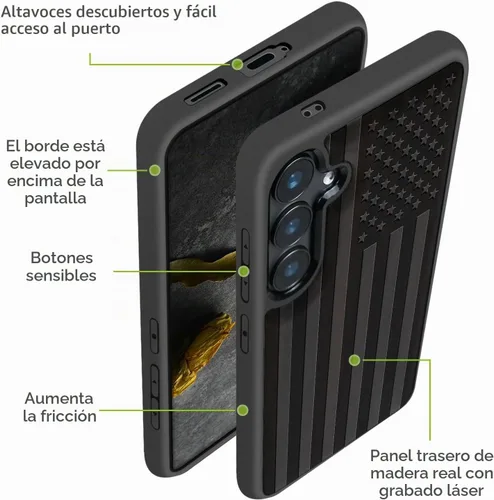 Vista 6 de Carveit Wood Case for Galaxy S24, The Classic American Flag, Black Bandera americana-Madera oscura