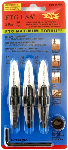 Vista 5 de FTG USA Juego de 3 brocas avellanadoras ajustables para madera #4 (7/64 pulgadas) con broca cónica para carpintería