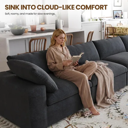 Vista 5 de Sofá modular Cloud de 79 pulgadas, sofá biplaza modular convertible con otomana de almacenamiento, sofá de tela de lino y algodón para sala