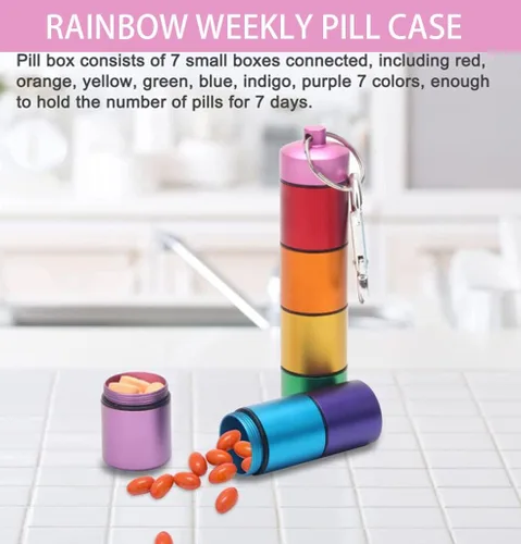 Vista 6 de FAYALA Pastillero impermeable para 7 días con diseño de arco iris, pastillero de viaje, portátil, llavero de medicina, organizador de píldoras