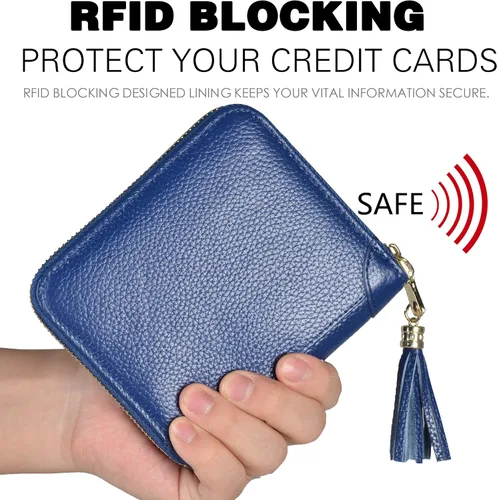 Vista 4 de Easyoulife Billetera Tarjetero de Tarjetas de Crédito para Mujer con Cremallera de Cuero Estuche para Tarjetas con Bloqueo RFID, Azul oscuro, medio