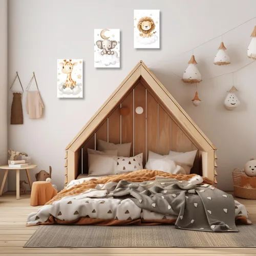 Vista 5 de DOARTDO Lienzo decorativo para cuarto de bebé, 3 piezas, diseño de elefante, león, jirafa, pintura para habitación de niños, marco decorativo