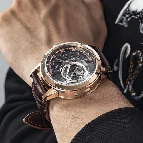 Vista 4 de OBLVLO Relojes de oro rosa de lujo para hombre, esfera esquelética, relojes automáticos, correa de cuero VM-1