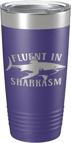 Vista 16 de Fluent in Sharkasm Tumbler Sarcasm Travel Mug Funny Shark Gift Insulated Laser Engraved Coffee Cup 20 oz Black