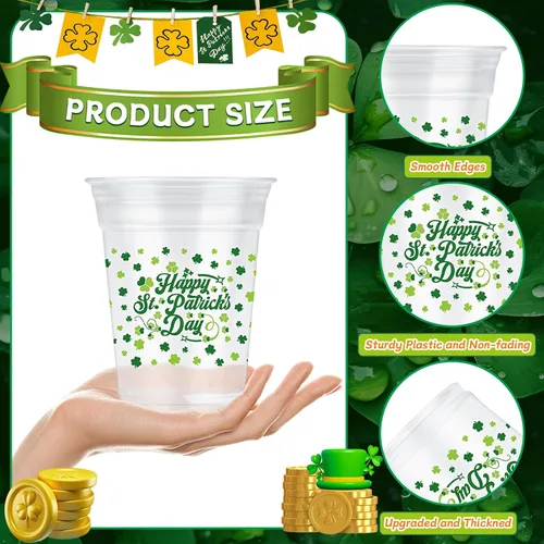 Vista 3 de 50 vasos de plástico de 12 onzas para el Día de San Patricio, vasos desechables impresos con texto en inglés "Happy St. Patrick's Day" y "Lucky