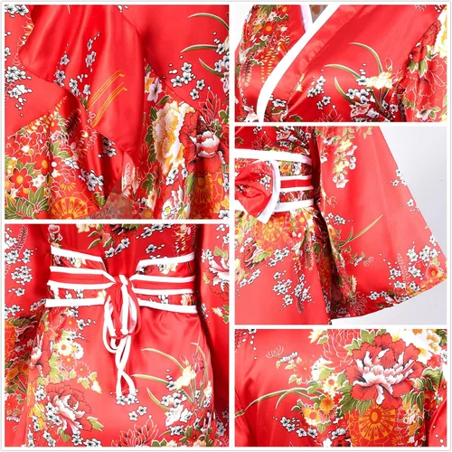 Vista 5 de Elibelle Kimono para mujer Geisha Yukata Sweet Tuxedo Ruffle Dress Blossom Satin Bathrobe Sleep Fan Tabi Socks Set